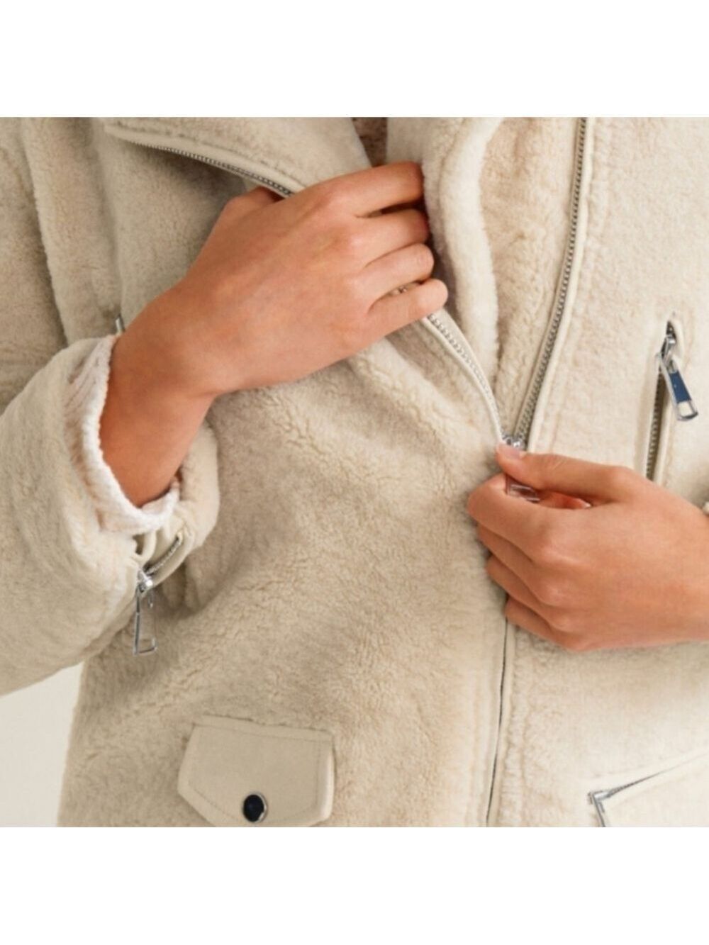 Mango Ivory Faux Shearling Biker Jacket, Size S - Picture 7 of 17
